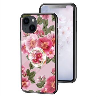 Voor iPhone 15 bloemenpatroon print telefoonhoesje met gehard glas+PC+TPU ring kickstand cover.