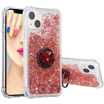 Voor de iPhone 15 Zachte TPU Telefoonhoes met ringhouder en standaardfunctie met vloeibare zandloper en glitters.