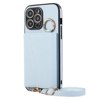Kaarthouder PU+PC+TPU hoesje voor iPhone 15 Anti-Drop Kickstand Telefoonhoesje met Lanyard