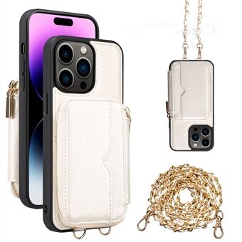 Voor iPhone 15 Beschermhoes met Kickstand Ritssluiting Portemonnee van PU Leer+TPU Hoesje met Kettingband