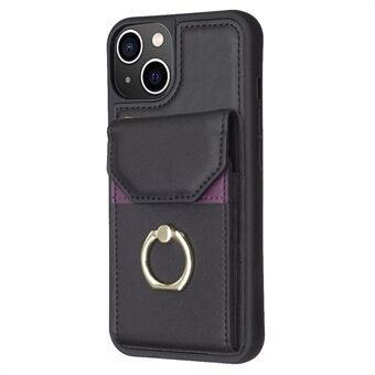 Voor iPhone 15 PU-leren gecoate TPU telefoonhoes met ring-kickstand, achterkant en kaartzak.