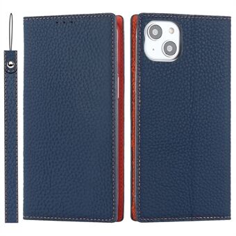 Voor iPhone 15 Echt Koeienleer Hoesje met Litchi Textuur Anti-val Portemonnee Stand Telefoonhoesje met Riem