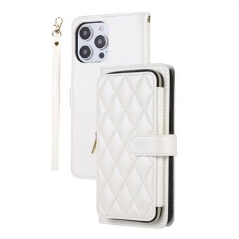 Rhombus Stitching Telefoonhoesje voor iPhone 15 Anti-kras PU+TPU Rits Portemonnee Telefoonhoes met Polsband