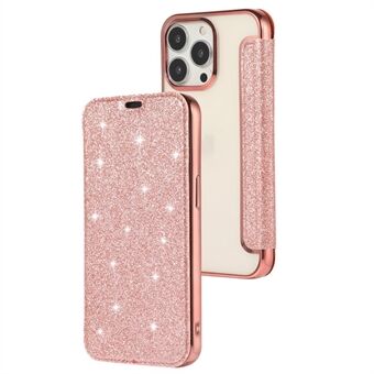 Kaarthouderstandaard hoesje voor iPhone 15, Glitter Poeder PU Leer+TPU Transparante Telefoonhoes