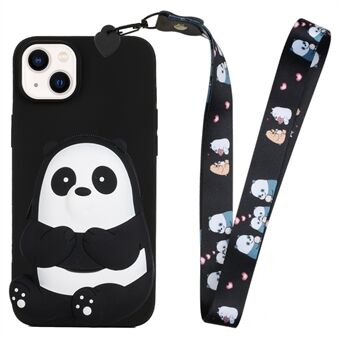 Voor iPhone 15 Cartoon Animal Silicone Zipper Wallet TPU Telefoonhoesje met Lange Lanyard