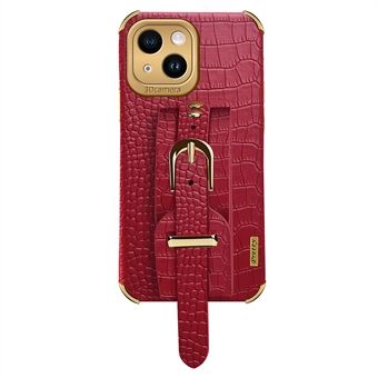 Voor iPhone 15 6D Electroplated Telefoonhoesje PU Leer+TPU Achterkant met Polsbandje en Kickstand.