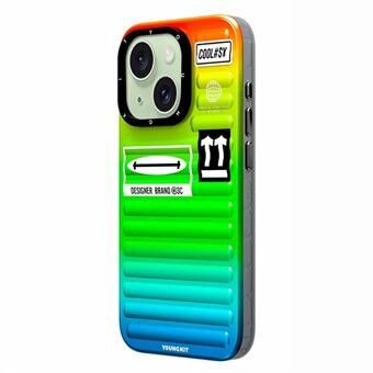 YOUNGKIT Kofferstijl Antidruppel hoesje voor iPhone 15 Geleidelijke Laserglans TPU + Aluminiumlegering Achterkant van de telefoon.