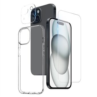 NORTHJO 3-in-1 transparante hoesje voor de iPhone 15 met HD gehard glas screenprotector / cameralensfolie.