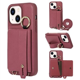 Voor iPhone 15 Hoesje met Kaartsleuf Anti-val Lederen+TPU Kickstand Cover met Schouderband