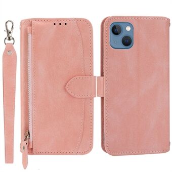 Voor iPhone 15 hoesje met ritssluitingsvakje, PU-leren standaard portemonneehoesje met lange / korte bandjes.