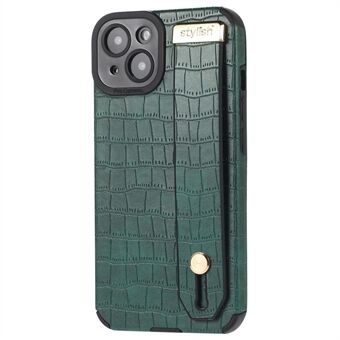 Voor iPhone 15 Hoesje Krokodiltextuur Polsbandje Kickstand Leer+TPU Telefoonhoes