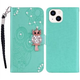 Voor iPhone 15 Hoesje met Uil Bloem Bedrukt, met Strass versierd, PU Lederen Telefoonportemonnee