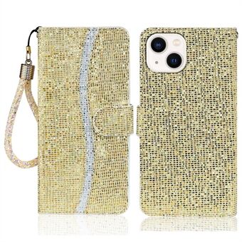 PU Leren Portemonnee Hoes voor iPhone 15 Hoes Stand Glitter Naaien Telefoonhoesje met Band