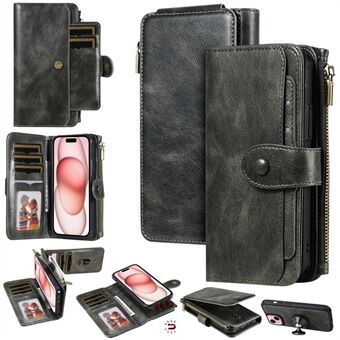 KT Multifunctionele Serie-3 Portemonneecase Voor iPhone 15 Vintage PU Leren Hoesje Met Ritssluiting