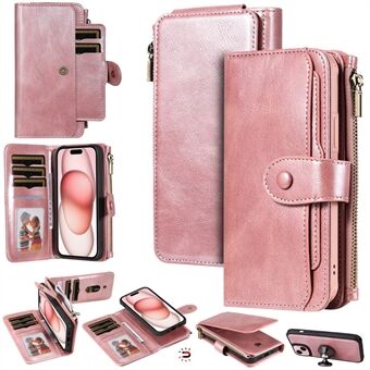 KT Multifunctionele Serie-3 Portemonneehoesje voor iPhone 15 Vintage PU-leren telefoonhoesje met ritssluiting
