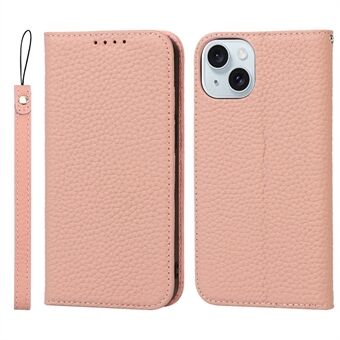 Voor iPhone 15 Hoesje met Litchi Textuur, Anti-kras Echt Koeienleer Cover met Standaard Portemonnee