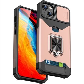 Voor iPhone 15 hoesje PC+TPU glijlensbescherming met standaard en kaarthouder