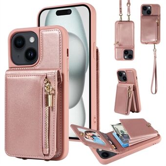 Voor iPhone 15 Beschermende Wallet Hoes RFID-Blokkerende PU+TPU Kickstand Telefoonhoes met Bandjes