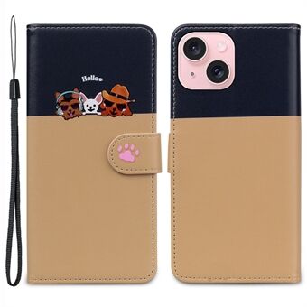 Cartoon Huisdieren Serie voor iPhone 15 Leren Hoesje Dierenpatroon Kleur Splitsing Portemonnee Cover