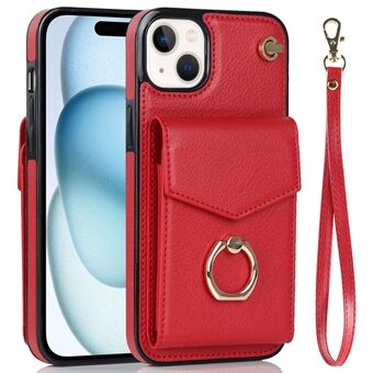 Voor iPhone 15 hoesje, accordeonstijl, RFID-blokkering, kickstand, PU+TPU telefoonhoesje met riem.