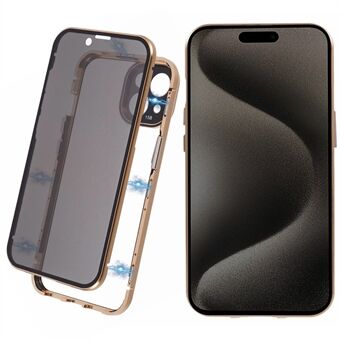 Voor de iPhone 15 magnetische adsorptiehoes met metalen bumper en gehard glazen privacy cover.