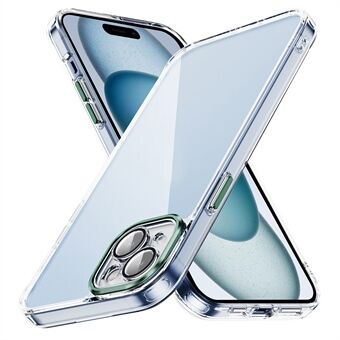 YSM voor iPhone 15 hoesje, helder, met een nauwkeurige uitsparing voor de lens en een beschermend achterpaneel met een metaalkleurige lensafdekking.