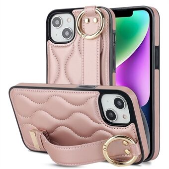 Voor iPhone 15 telefoonhoes met golfpatroon, gemaakt van PU-leer en TPU-achterkant, inclusief polsband en standaard.