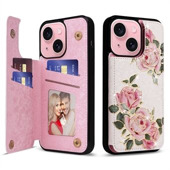 Voor iPhone 15 Kaartsleuf Hoesje met Kickstand Anti-val Bloemen Bedrukte Telefoonhoesje.