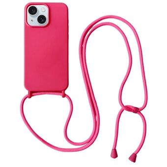 Voor iPhone 15 Case Vloeibaar Siliconen Zachte Anti-Kras Telefoonhoes met Crossbody Nekriem