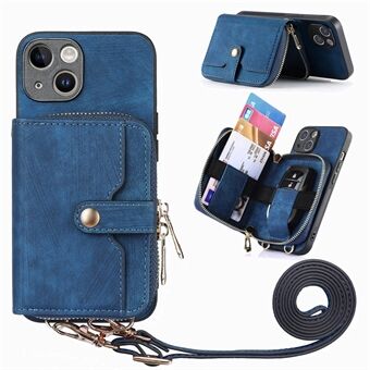 D3 voor iPhone 15 Hoesje Ritssluiting Portemonnee Leren Beschermhoes van gecoat PC+TPU met Lanyard