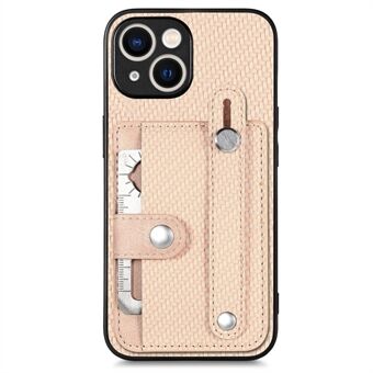 C1-01 Hoesje voor iPhone 15 met kaartsleuf, lederen+TPU+PC materiaal, carbonvezel textuur en uitklapbare standaard voor de telefoon.