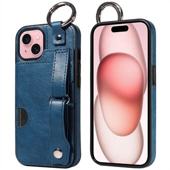 008 Voor iPhone 15 Hoesje Kaartsleuf Leder+TPU Telefoonhoes met Anti-Val Vinger Ring