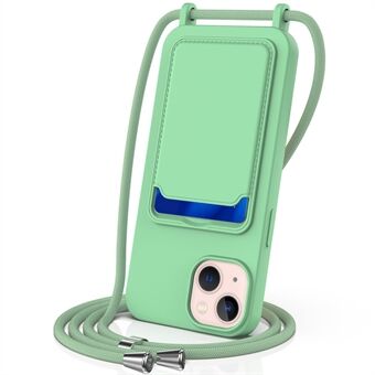 Voor iPhone 15 Hoesje met Kaartsleuf Vloeibaar Silicone Schokbestendige Telefoonbeschermer met Lange Lanyard