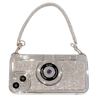 Voor iPhone 15 Telefoonhoesje met camera-vormige strass-steentjes decoratie, TPU hoesje met draagketting.