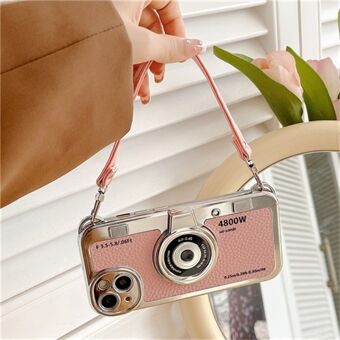 Voor iPhone 15 Telefoonhoesje met Camera Ontwerp Litchi Textuur Leer+TPU Cover met Draagriem