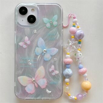 Voor iPhone 15 hoesje met patroondruk, versierd met strass steentjes en TPU-telefoonhoesje met kralen polsbandje.