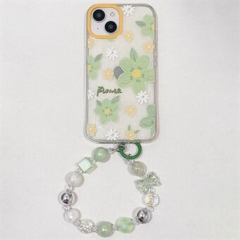 Voor iPhone 15 TPU hoesje Groen Bloemenpatroon Glitter Telefoonhoesje met Kettingriem