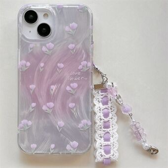 Voor de iPhone 15 hoesje met handriem, patroonafdrukken, lasereffect, zachte TPU telefoonhoes.