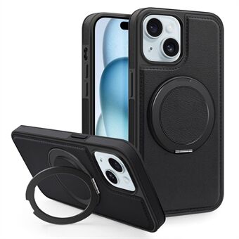 Voor iPhone 15 Magneet Hoesje met Draaibare Ring en Kickstand PU Leder + PC + TPU Achterkant 