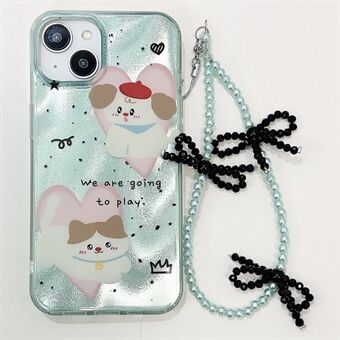 Voor iPhone 15 Hoesje PC+TPU IMD Patroon Laser Effect Bling Telefoonhoesje met Ketting.