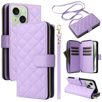 Voor iPhone 15 Plus / 14 Plus Hoesje Portemonnee PU Lederen Ruiten Stand Anti-Val Telefoonhoesje