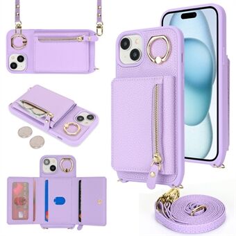 Voor iPhone 15 Plus / 14 Plus Hoes Kaart Tas PU Leer + TPU Telefoonhoes met Ringstandaard