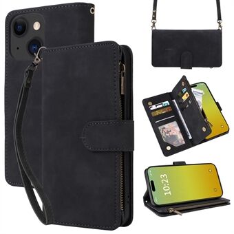 Voor iPhone 15 Plus Hoesje Rits Portemonnee Leren Telefoonhoes met Handriem / Schouderriem