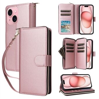 R20 Voor iPhone 15 Plus Hoesje met Ritssluiting, PU Leren Cover met 9 Kaartsleuven