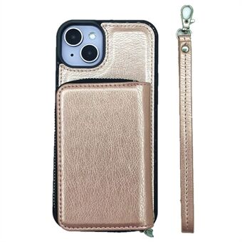 Voor iPhone 15 Plus Hoesje Afneembare Ritskaarttas PU+TPU Kickstand Telefoonhoesje met Riem