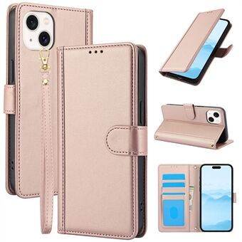 SY-003 Voor iPhone 15 Plus / 14 Plus Hoes PU Leren Standaard Telefoon Portemonnee Hoes met Handriem