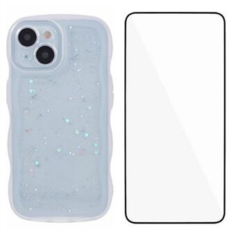 WANLONFENG JWT-serie voor iPhone 15 Plus TPU-hoes Epoxy Telefoonhoes met Golvende Rand en Gehard Glas