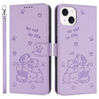 Voor iPhone 15 Plus / 14 Plus Hoes met Bandje Katten Afgietsel Leren Portemonnee Telefoonhoesje