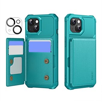 Voor iPhone 15 Plus ENKAY Hat-Prince Portemonnee Kaartsleuf Kickstand PU Leren +TPU Achter Telefoonhoesje met Cameralensfolie