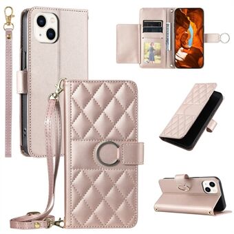 Voor iPhone 15 Plus Crossbody Leren Hoes Ring Gesp Portemonnee Standaard Ruitjes Mobiel Hoesje